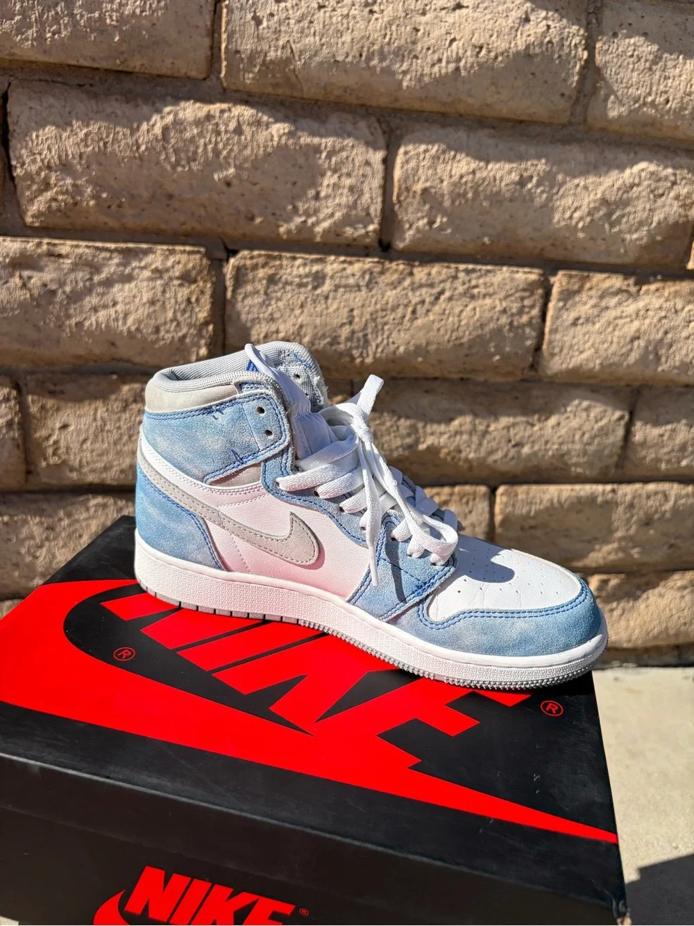 Nike Kids White and Light Blue High-Top Air Jordans